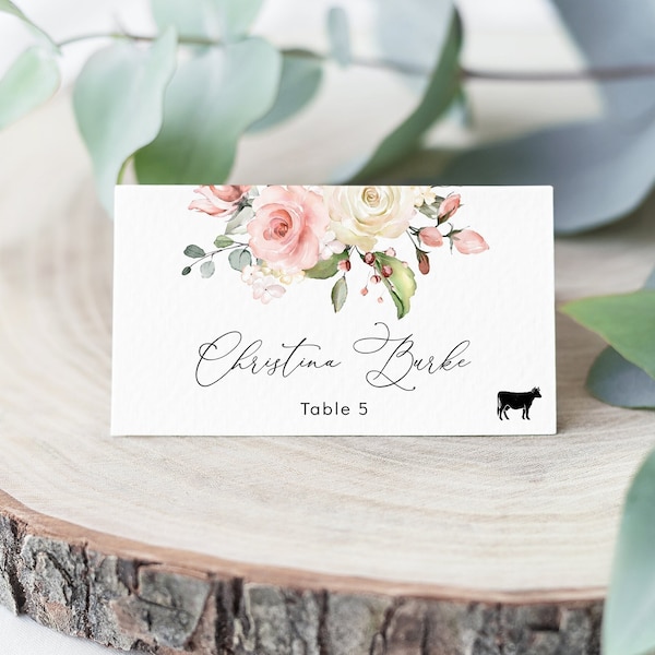 Blush PInk Floral Place Cards, EDITABLE Template, Printable Cream Rose Place Card, Seating Name Card, Bridal, Baby Shower, Birthday, Wedding