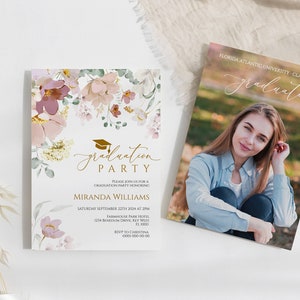 Wildblumen - Abschlussfeier - Einladung | Printable Boho Pink & Rot Wilde Blumen Grad Party einladen | Bearbeitbare Vorlage für die Abschlussfeier