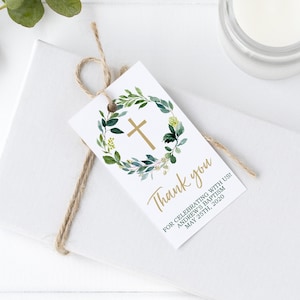 Baptism Thank You Favor Tag Template, Green and Gold Tag Printable, 2x3.5", Greenery, Customize Message, Floral Favors, Dedication, Holy