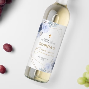 Etichetta vino prima comunione floreale blu navy e oro, modello EDITABLE, etichetta per battesimo Boho stampabile Baby Blue e oro, etichetta regalo vino