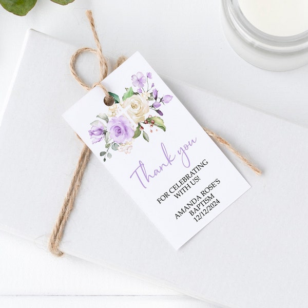 Lavender Rose Baptism Thank You Tag, EDITABLE Template, Purple & Cream Flowers First Communion Tag Printable, Gold Frame Favour, 2x3.5"