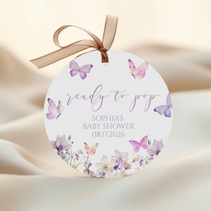 Etichetta pronta per scoppiare con farfalle, modello di adesivi rotondi di ringraziamento MODIFICABILI, etichetta per bomboniere con acquerello stampabile, bomboniere per baby shower per bambine