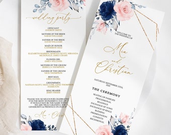 Floral Wedding Program: Blush Pink, Navy, and Gold (Editable Template)