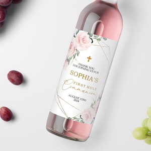Etiquette de vin première communion cadre rose blush et or, modèle MODIFIABLE, étiquette de baptême imprimable bohème rose blush rose et or, étiquette de vin cadeau