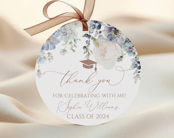 Blue Hydrangea Graduation Thank You Tag, EDITABLE Template, Round Floral Favor Stickers, Class of 2024 Graduation Party Printable Tag