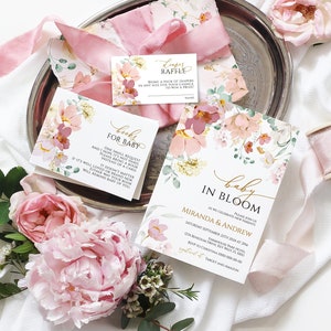 Baby in bloei douche uitnodiging set, BEWERKBARE sjabloon, afdrukbare zachte meisje Floral Event Pack, roze & rode wilde bloemen baby strooi