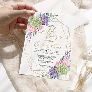 Succulent Floral Bridal Shower Invitation, EDITABLE Printable Boho Frame Bridal Brunch Card Template, Hens, INSTANT DOWNLOAD
