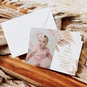 Pampas Grass Baptism Invitation, EDITABLE Template, Floral Printable Christening Invite Girl, Dedication Photo Card, Gold, INSTANT DOWNLOAD