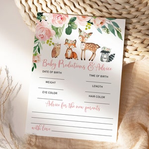 Jeu de prédictions et de conseils pour bébé des bois, modèle MODIFIABLE, brunch bébé imprimable floral rose blush, saupoudrer fille rustique animaux de la forêt