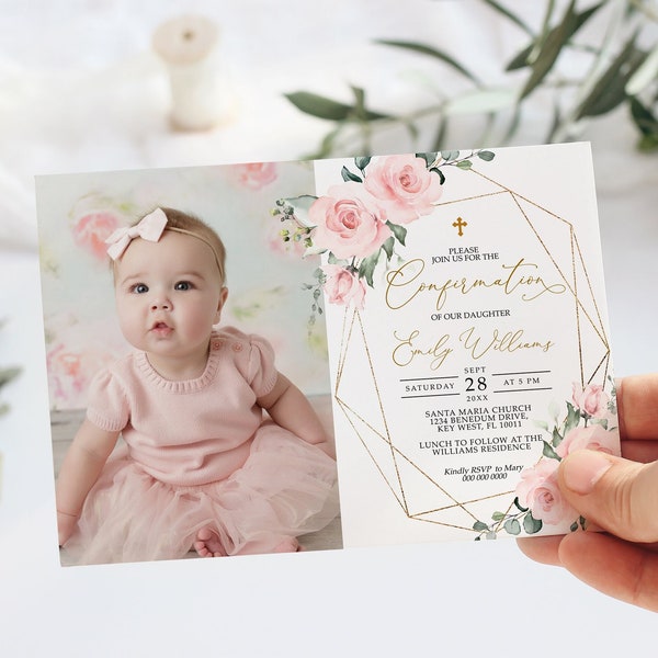 Blush Pink Flowers Photo Confirmation Invitation, EDITABLE Template, Boho Floral Girl Printable Confirmation Invite, Gold Frame Rose Flowers