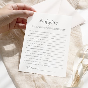 Papa grappen babyshowerspel | Grappige grappen en raadsels | Bewerkbare minimalistische afdrukbare babyshowersjabloon | Neutraal babyspel