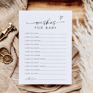 Tarjeta con deseos para baby shower, baby shower minimalista, baby shower de género neutro, recuerdo para bebé, baby shower minimalista moderno, plantilla editable