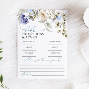 Jeu de prédictions et conseils pour bébé Fleurs bleues et blanches | Modèle modifiable | Activités imprimables pour le brunch pour bébé | Douche rustique pour garçon avec fleurs sauvages