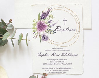 May include: A baptism invitation with a watercolor floral wreath in shades of purple and green. The invitation features a gold cross and the text "Baptism" in a script font. The text "Sophia Rose Williams" is printed in a bold font. The invitation includes the date, time, and location of the baptism, as well as the address for the reception.