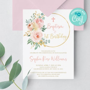 EDITIERBARE Blumen Taufe und erste Geburtstagsparty Einladung, Blush Pink & Gold druckbare 1. Geburtstag einladen, Boho Baby Girl Template