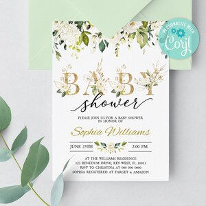 Bewerkbare witte bloemen baby shower uitnodiging sjabloon, gouden glitter afdrukbare baby brunch uitnodigen, groen neutrale kaart, INSTANT DOWNLOAD