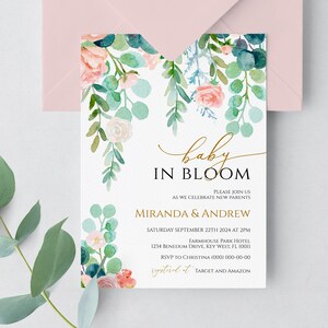 Convite para chá de bebê em flor, modelo EDITÁVEL, convite para menina imprimível com vegetação, cartão de brunch floral rosa e branco, flores polvilhadas