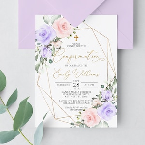 Blush Pink & Violet Blumen Konfirmation Einladung, EDITIERBARE Vorlage, Boho Lila Blumen Mädchen druckbare Taufe einladen, Gold Rahmen