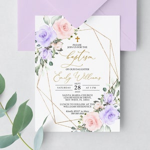 Invito al battesimo con fiori rosa e viola, modello EDITABLE, invito al battesimo stampabile per ragazza floreale viola Boho, cornice dorata