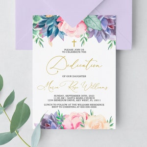 Invitación de dedicación suculenta, plantilla EDITABLE, invitación de comunión neutral de bebé floral rosa rubor imprimible y violeta, bautizo de guión