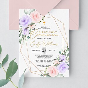 Blush Pink & Violet Blumen Erstkommunion Einladung, EDITIERBARE Vorlage, Boho Floral Girl druckbare Taufe einladen, Gold Rahmen