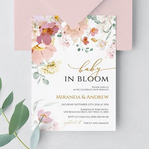 Baby in bloei douche uitnodiging, BEWERKBARE sjabloon, wilde bloemen afdrukbare meisje uit te nodigen, roze & rode bloemen brunch kaart, bloemen strooi