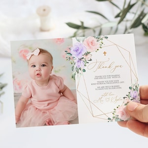 Blush Pink & Violet Flowers Battesimo Foto Grazie, Modello EDITABILE, Stampabile Floreale Viola Grazie, Comunione Floreale, Battesimo