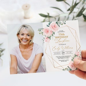 Rosa Blumen & Goldrahmen Einladung zum 75. Geburtstag | EDITIERBARE Vorlage | Frauen Blumen Foto Geburtstag einladen | Jedes Alter einladen