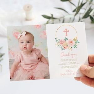 Blush Pink Battesimo Foto Grazie, Modello EDITABILE, Ringraziamento floreale stampabile, Santa Comunione ragazza, Battesimo d'oro, Download istantaneo
