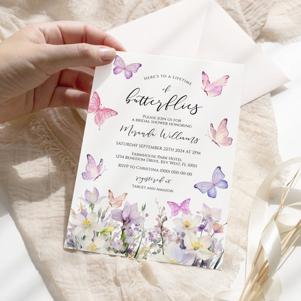 Lifetime of Butterflies Bridal Shower Invitation, EDITABLE Template, Printable Butterfly Wildflowers Brunch Invite, Boho Purple Floral Card