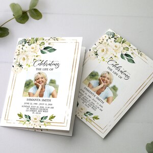 Modèle de programme de funérailles de fleurs blanches | Programme commémoratif MODIFIABLE | Nécrologie imprimable de Rose | Carte mémoire In Loving | Télécharger
