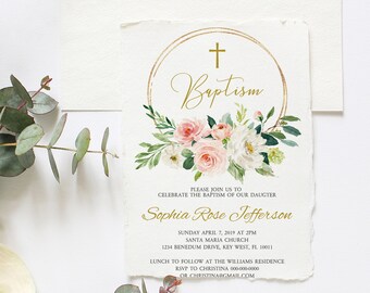 May include: A baptism invitation with a gold circle frame and a cross. The frame is decorated with pink and white flowers and greenery. The text reads "Baptism" and "Sophia Rose Jefferson". The invitation includes the date, time, and location of the baptism, as well as the address for the reception.