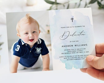 Blue Dedication Invitation, EDITABLE Template, Printable Watercolor Photo Boy First Communion Invite, Modern Christening, Calligraphy Script