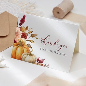 Herbst Kürbis Dankeskarte, bearbeitbare druckbare Hochzeit Dankeskarte, kleiner Kürbis und Blumen Brautdusche, Herbst Babyparty