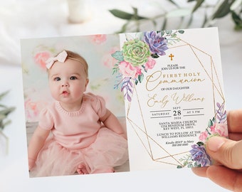 Succulent Floral Photo First Holy Communion Invitation, EDITABLE Template, Printable Girl First Communion Invite, Pink Rose Girl Dedication