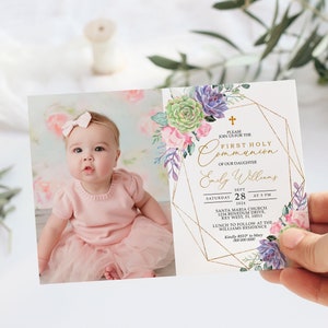 Sukkulente Blumenfoto Erste heilige Kommunion Einladung, EDITIERBARE Vorlage, bedruckbare Mädchen Erstkommunion einladen, Pink Rose Girl Widmung