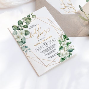 Invitación para despedida de soltera con eucalipto verde salvia / Invitación para brunch con marco dorado editable / Tarjeta para despedida de soltera con flores blancas