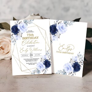 Convite de aniversário floral azul marinho e dourado - Design geométrico elegante - Convite de festa editável para qualquer idade