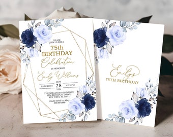 Navy Blue Floral Birthday Invitation: Elegant Gold Frame (Digital Download)