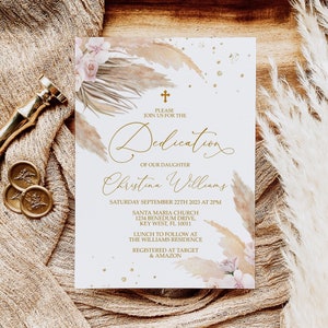 Pampas Gras Widmung Einladung, EDITIERBARE Vorlage, Blush Pink Floral Mädchen druckbare Taufe einladen, Gold Glitzer Taufe