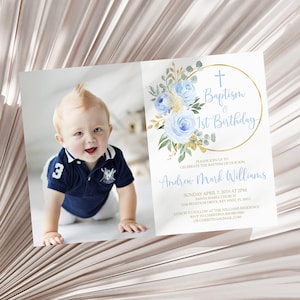 Blaue Blumen Taufe und Babys erster Geburtstag Einladung | Bearbeitbare Vorlage | Druckbares Foto 1. Geburtstag einladen | Boho Junge Blaue Rosen