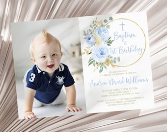 Blue Floral Baptism & 1st Birthday Invitation: Editable Photo Template (Digital Download)