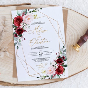 Invito di nozze Marsala e Rosa cipria / Modello MODIFICABILE / Invito di nozze stampabile con cornice bordeaux rosa e oro / Elegante matrimonio rustico