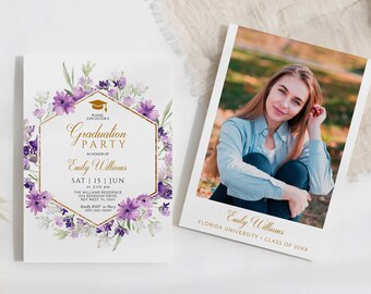 Purple Floral Graduation Party Invitation: Editable Template (Digital Download)
