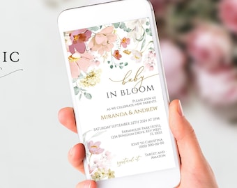 Baby in Bloom Shower Electronic Invitation Template | Editable Wildflowers Digital Download | Red & Pink Flowers Text Message Invite