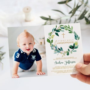 Invitación de primera comunión con foto de vegetación, plantilla EDITABLE, invitación de bautismo neutro imprimible en verde floral y oro, dedicación de niño