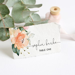 Cartões de lugar rosa pêssego, modelo EDITÁVEL, cartão de lugar floral coral para impressão, cartão de nome para assentos Boho, noiva, chá de bebê, aniversário, casamento