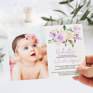 Convite de dedicação de rosa lavanda, modelo EDITÁVEL, flores roxas imprimíveis, convite de primeira comunhão para menina, batizado violeta