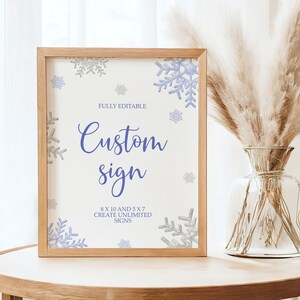 Letreros personalizados ilimitados de invierno, plantilla editable e imprimible con copos de nieve en acuarela azul y plateado para despedida de soltera, boda, baby shower, Navidad
