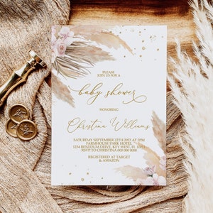 Pampas Grass-Babyparty-Einladung | EDITIERBARE Vorlage | Druckbare Boho Baby Girl Einladen | Boho Blush Rosa Blumen & Gold Brunch